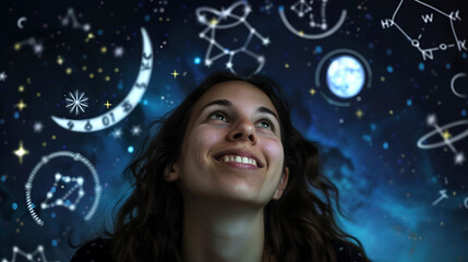 A woman looks up at the night sky with a smile, surrounded by cosmic symbols