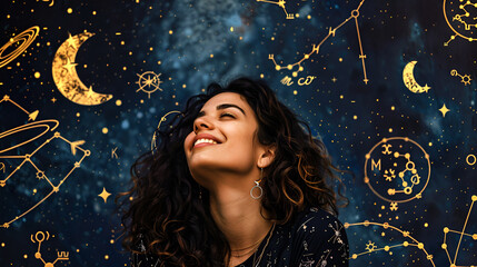 A woman looks up at the night sky with a smile, surrounded by cosmic symbols - obrazy, fototapety, plakaty