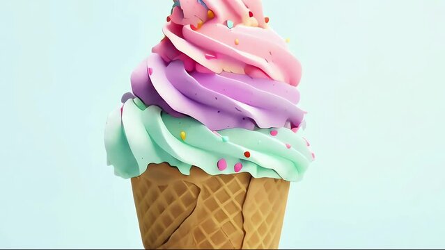 Close up Ice cream in waffle cone with different flavors pastel colors animatiom