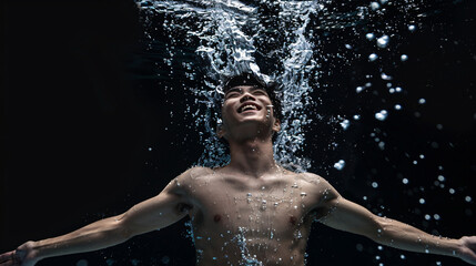 Obraz premium a full body view of male model, jumped in clear water