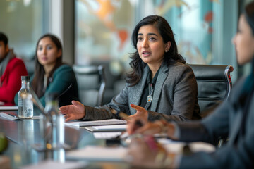 South Asian business woman leading a board meeting.