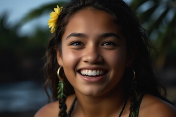 young native hawaiian teenage girl on plain bright black background laughing hysterically looking at camera background banner template ad marketing concept from Generative AI - obrazy, fototapety, plakaty