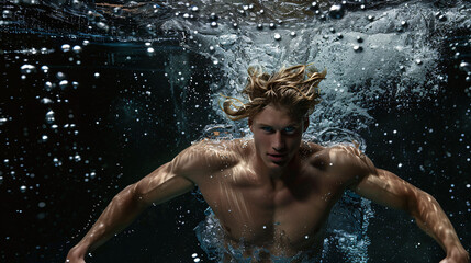 a full body view of male model, jumped in clear water