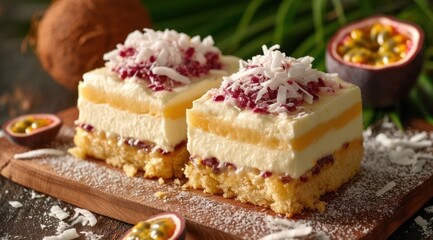 tropical coconut and passion fruit cake with precision - obrazy, fototapety, plakaty