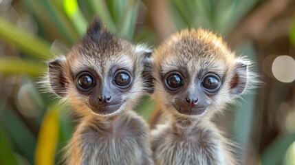 Fototapeta premium Two small monkeys with big eyes standing next to each other, AI