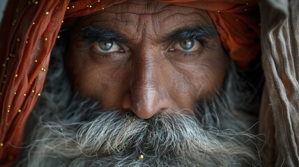 A close up of a man with long white beard and turban, AI