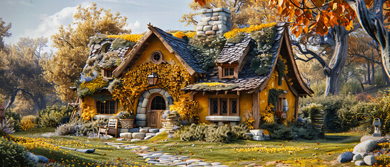 Fairy-Tale Village Illustration, Enchanting Houses Nestled Amongst Forest Trees, A Whimsical Escape into a Storybook World