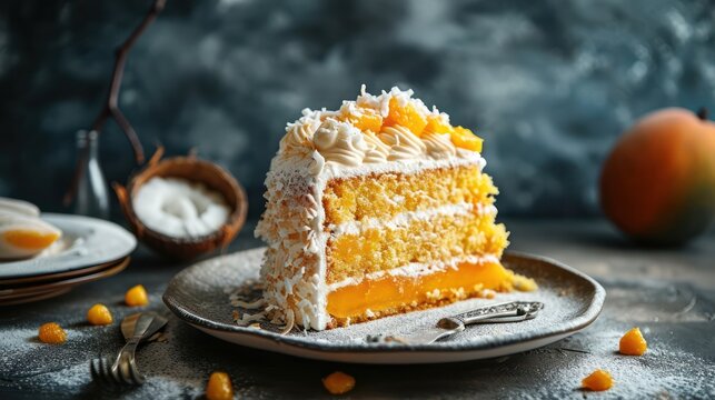 Tropical vibes mango and coconut cream layered fruit cake