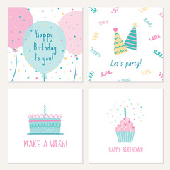 Set of 4 Happy Birthday greeting cards. Holiday celebration design. Vector square templates