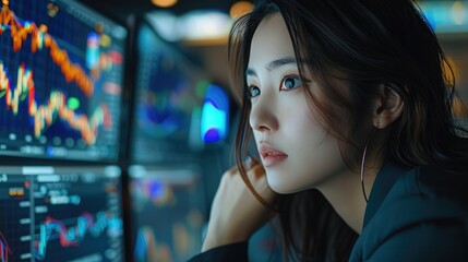 Japanese woman looking dynamic graphs, focused trader at computer, feeling of progress, high resolution, detailed financial charts, inspiring atmosphere. Generative AI.