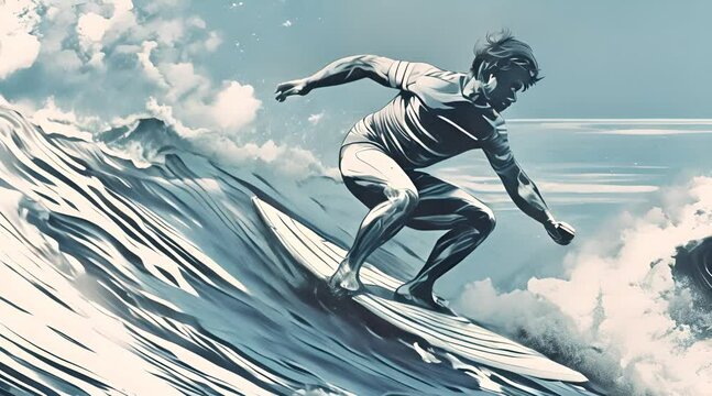 animation of surfing, the surfer doing a free style and tricks on the wave