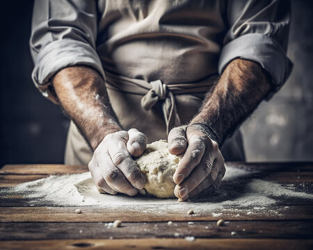 Primer plano de unas manos amasando masa para hacer pan. Cocinero amasando con las manos sobre una mesa de madera. Concepto D&iacute;a internacional del trabajador.