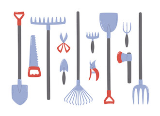 Big set of different gardening tools. Flat vector illustrations collection