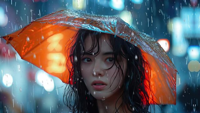 A girl with wet hair and an umbrella stands in the rain