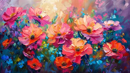 Abstract summer garden painting, vibrant flowers, palette knife oil on a colorful background, with vivid highlights and dramatic lighting