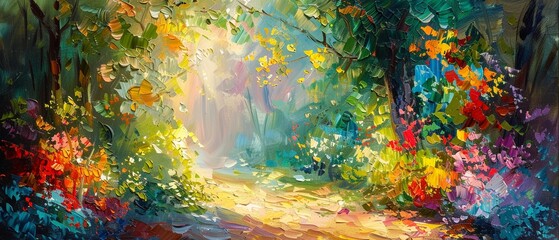 Fototapeta na wymiar Colorful, abstract oil painting of a charming summer garden, using a palette knife, set against a dynamic background with intense lighting and highlights