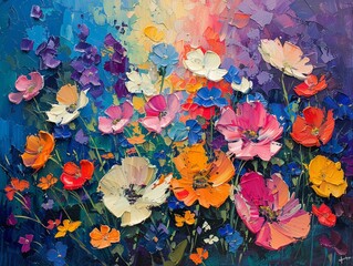 Palette knife abstract of a summer garden, full of beautiful flowers, in oil, on a brightly colored canvas, enhanced by dramatic light and colorful highlights