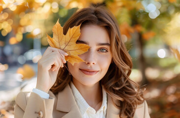 beautiful woman with brown hair holding an autumn leaf in front of her face