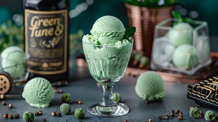 Sure! Here is a description for an image that combines your keywords:  Mint chocolate chip ice cream with a refreshing green mint flavor, served in a glass for a delicious summer dessert