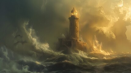 A lone lighthouse pierces the night sky, its beacon a constant guide for ships on the dark ocean - obrazy, fototapety, plakaty
