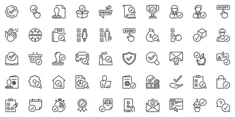 Fototapeta na wymiar Line icons about checked as approved, check mark, tested, verified and validation. Editable stroke and pixel perfect.