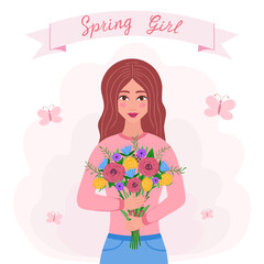 spring girl, girl with bouquet of flowers. Vector Illustration for printing, backgrounds, covers and packaging. Image can be used for card, poster, sticker and textile. Isolated on white background.