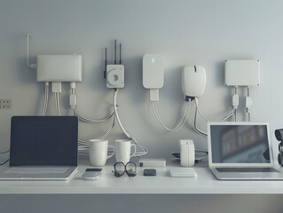 Outlet, power strip loaded, tech gadgets, efficient charging, organized cables, detailed arrangement