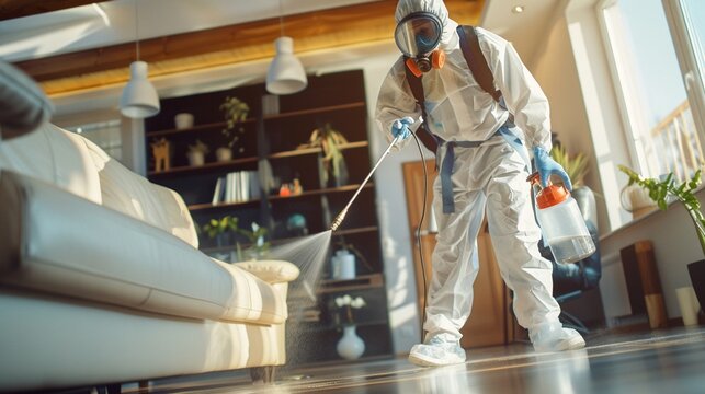Pest control worker spraying, protective gear, indoor, action stance, professional color grading, clean sharp,clean sharp focus, digital photography
