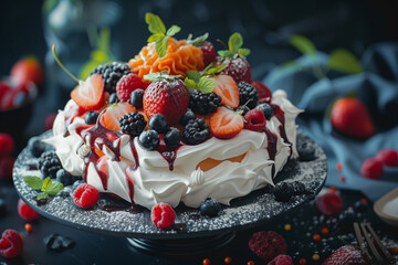 cake with berries on dark background