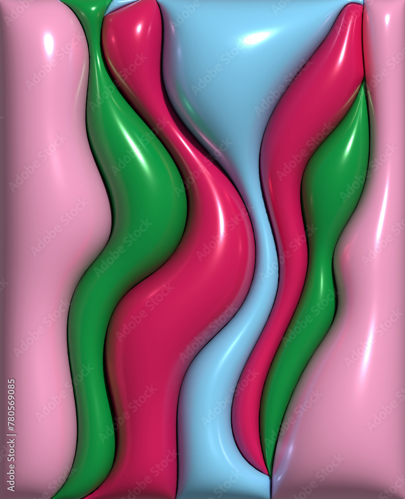 Poster various volumetric figures with a smooth shiny surface, 3d rendering illustration