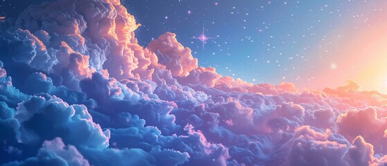 The process of falling asleep visualized as a gentle descent into a soft, welcoming sea of clouds and stars - obrazy, fototapety, plakaty