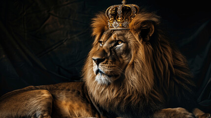 A professional photo of a lion with a crown on its head , Generative AI.