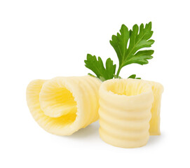 Tasty butter curls and fresh parsley isolated on white