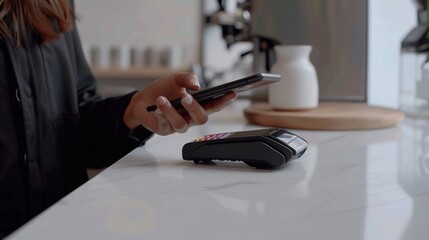 Woman Using Smartphone for Contactless Payment at Checkout