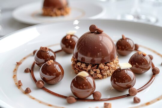 Gourmet chocolate dessert elegantly presented on the plate. Pure bliss on a plate, a chocolate sensation to cherish.