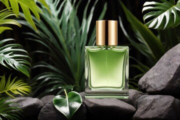 Product packaging mockup photo of Blank modern design Glass packaging perfume luxury bottle with tropical leaves and rock background with copy space, , studio advertising photoshoot