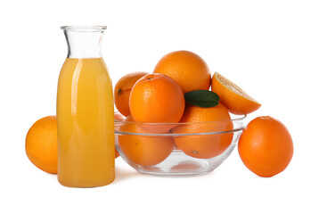 Fresh oranges in bowl and bottle of juice isolated on white