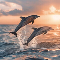 Playful Dolphins Leaping at Sunset in Ocean