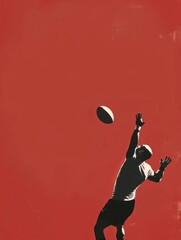 Football player catching ball in red backdrop - Silhouette of a determined football player leaping high to catch a ball against a bold, red background
