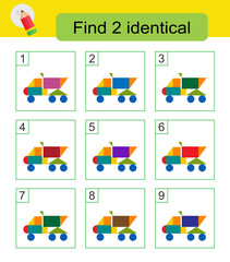 Fun puzzle game for kids. Need to find two identical dump trucks. Answer is 3,7.