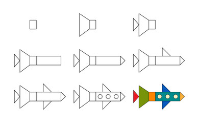 Worksheet easy guide to drawing cartoon rocket ship.