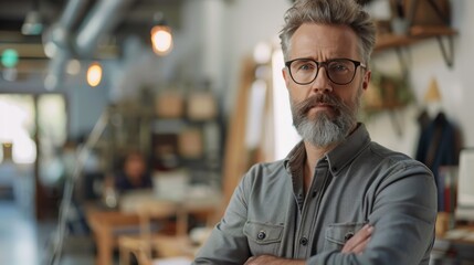 A man with a beard and glasses standing in an office, AI