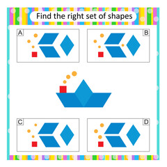Puzzle for kids. Find the correct set of cartoon paper boat. Answer is A.