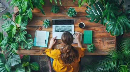 A woman sitting at a table with plants and laptop, AI
