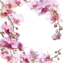 Fototapeta na wymiar Orchids and Lilies Floral Arrangement Border - This beautifully designed floral arrangement features a border of pink orchids and lilies with a white background