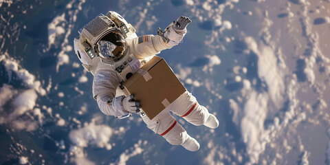 Astronaut with cardboard box delivery in space - obrazy, fototapety, plakaty