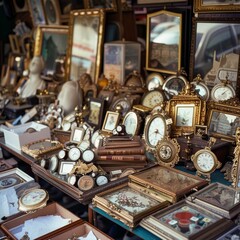 An assortment of vintage clocks and ornate picture frames displayed amongst various treasures at an eclectic antique market.