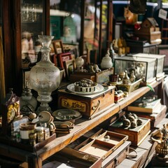 Explore the charm of an eclectic antique market with an array of vintage clocks and ornate picture frames amidst a treasure trove of curiosities.