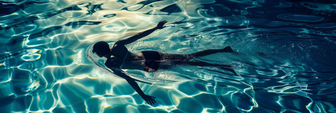 Silhouette of a swimmer underwater in a pool - This image captures the tranquil presence of a swimmer gliding effortlessly through the clear blue waters of a pool