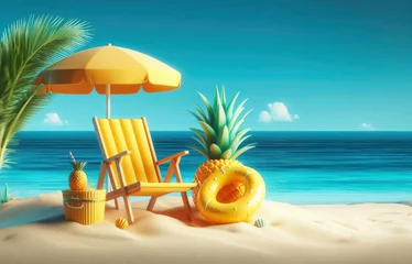 Fotobehang An artistic 3D rendering of a pineapple beside a beach chair, symbolizing leisure and happiness. The azure water and calm sky in the background add to the outdoor furnitures tranquil atmosphere © Tetiana